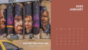One month of a calendar with a single photo of Aboriginal people painted on silos