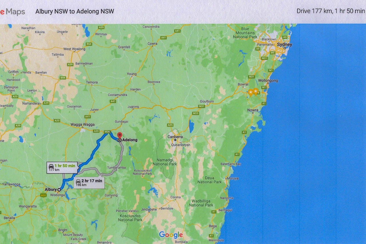 a map showing towns, roads , national parks and the route to take from Albury to Adelong