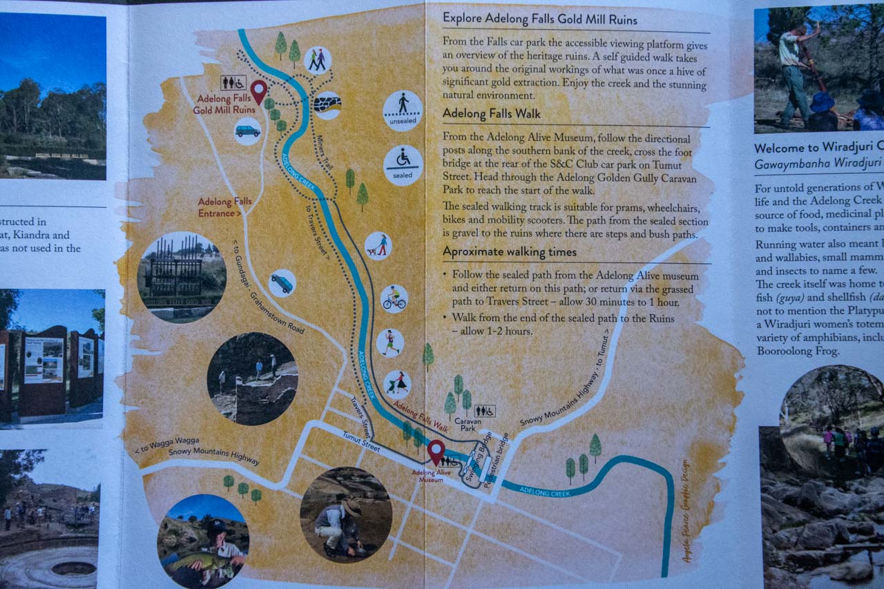 Brochure showing the Adelong Falls Walk route beside Adelong Creek that takes the walker from the town centre to the ruins