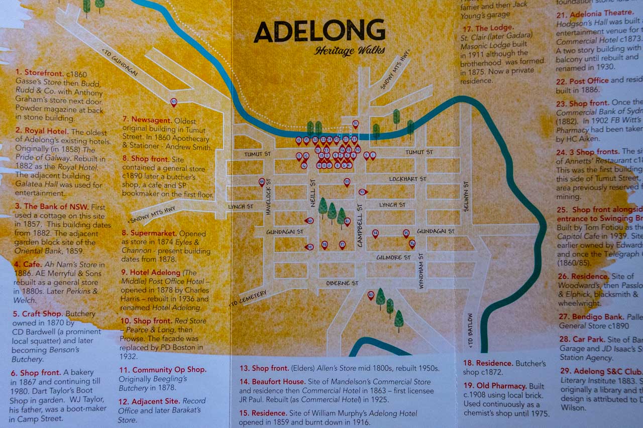 A map showing where to find the heritage buildings in Adelong township