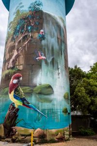 Painting of a waterfall and Australian native birds on a water tower