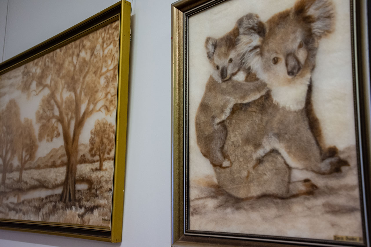 Koalas and a lansdscape made from layered natural, undyed sheep's wool