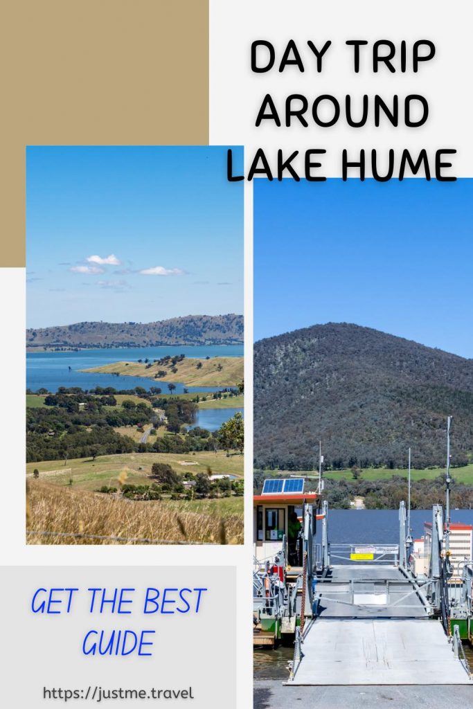 A picture of two images. One being a cable car ferry waiting to cross the river. The other is a view of a lake surrounded by hills.