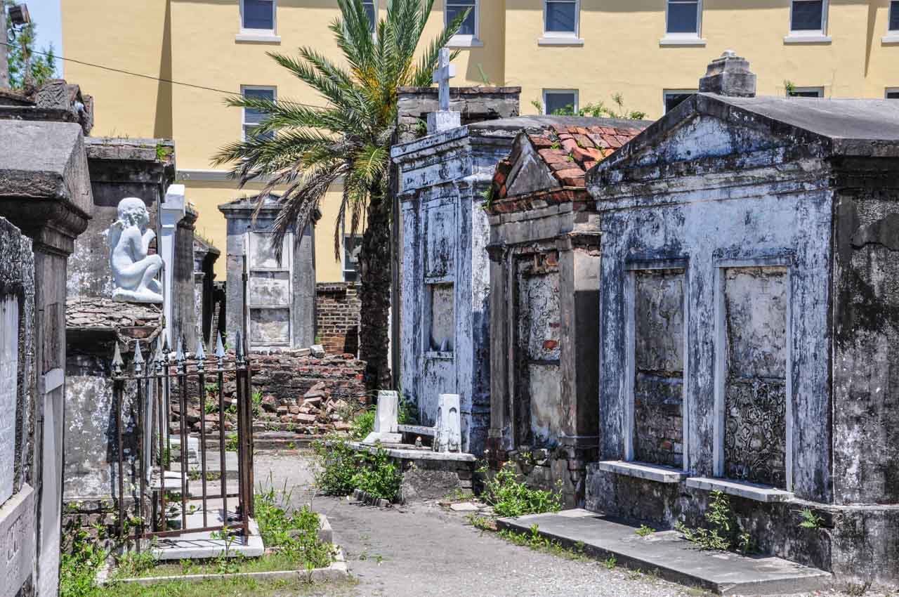 An image of rows of above-ground tombs in a cemetery.