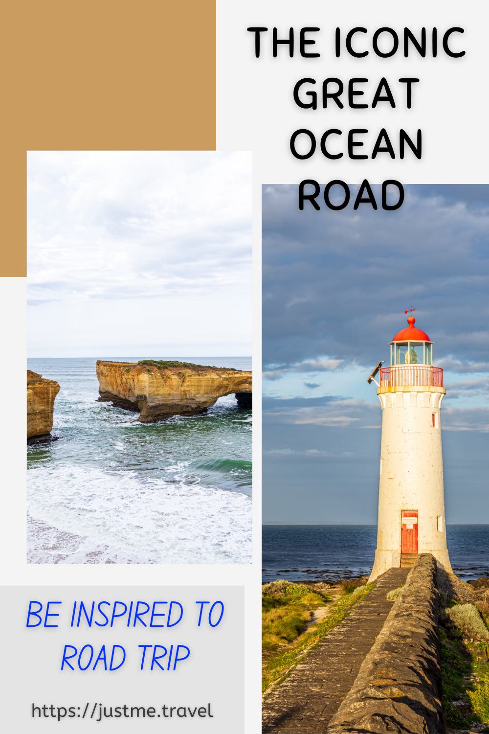 A picture with two images. One image is of an arch rock formation in the ocean near the coast. The second image is of a lighthouse.