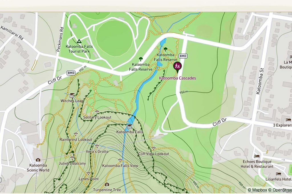 A map showing road and walking tracks to waterfalls, lookouts and other tours attractions in Katoomba.