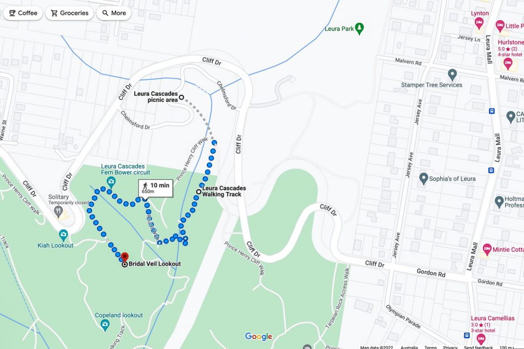 A map showing road and walking tracks to waterfalls, lookouts and other tourist attractions in Leura.
