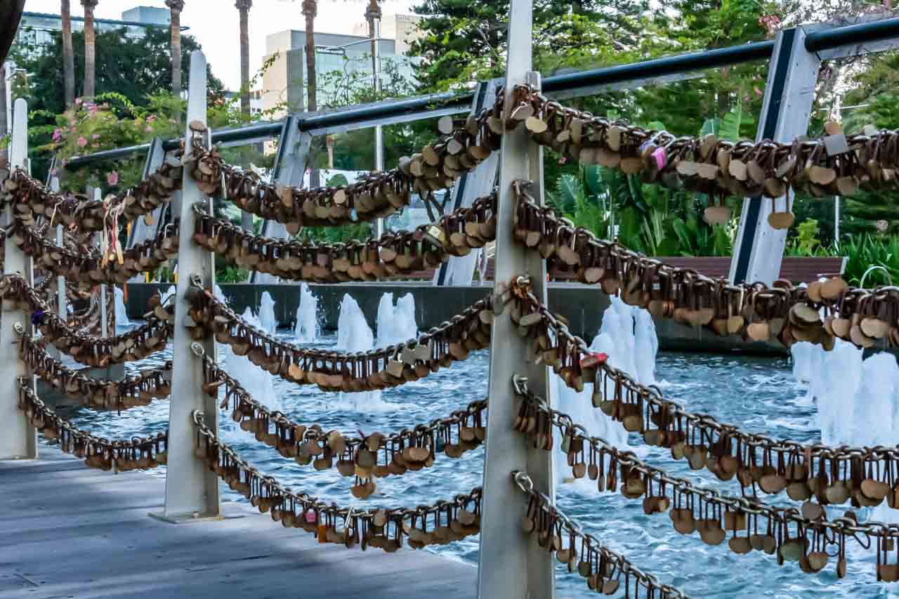 Five rows of love locks attached to chains