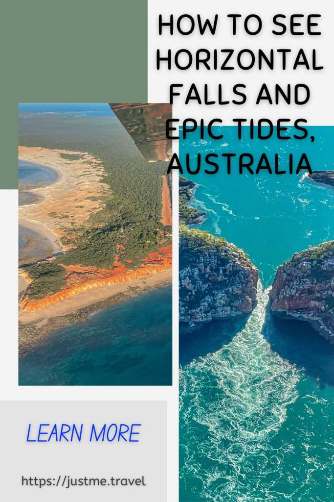 The image has two photos of aerial views of a horizontal waterfall and red cliffs meeting sand and sea.