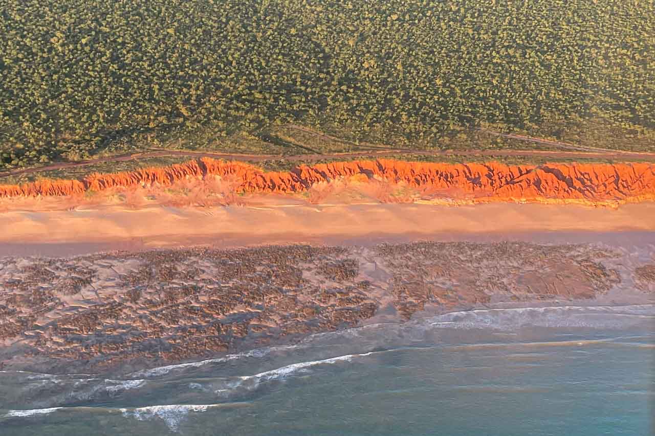 Aerial view of red cliffs meeting sand and sea. Forest lies behind the red cliffs.