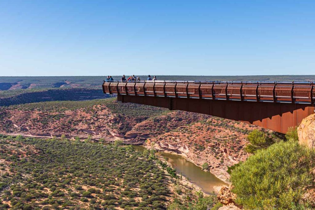 A viewing platform hangs out over a gorge