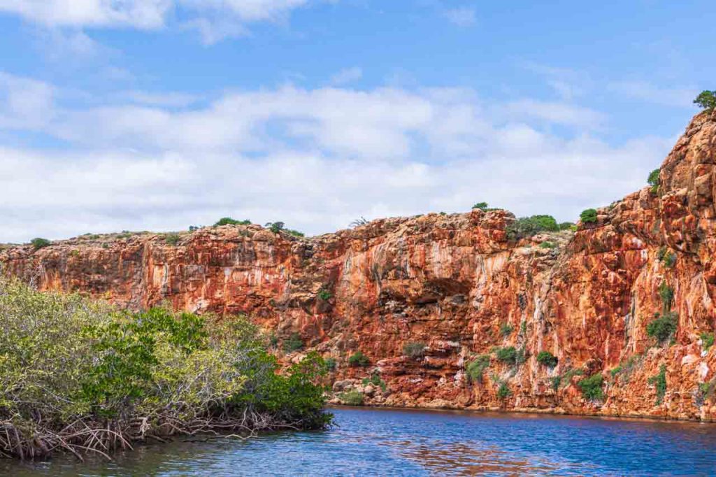 A river is framed by high red cliffs and green shrubs