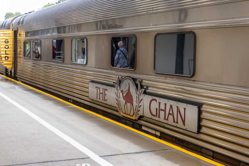 The Ghan train at the platform, waiting for people to board.