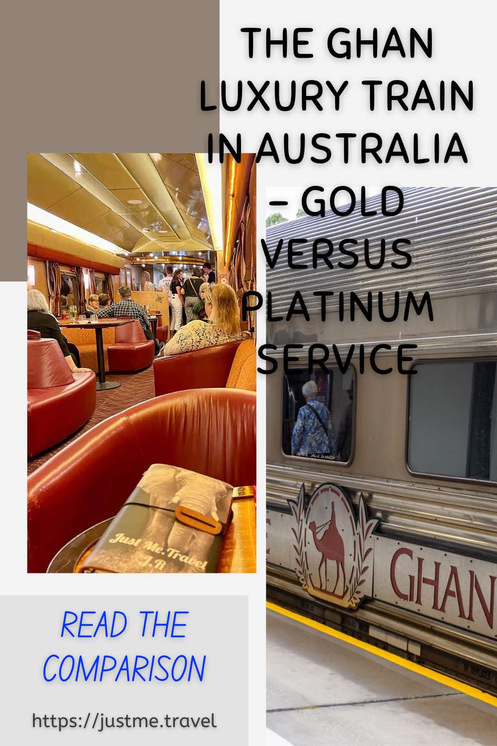The image has two photos. One is of a train carriage with The Ghan sign on the outside. The other photo is of a lounge carriage on the Ghan train with chairs, tables and lounges.