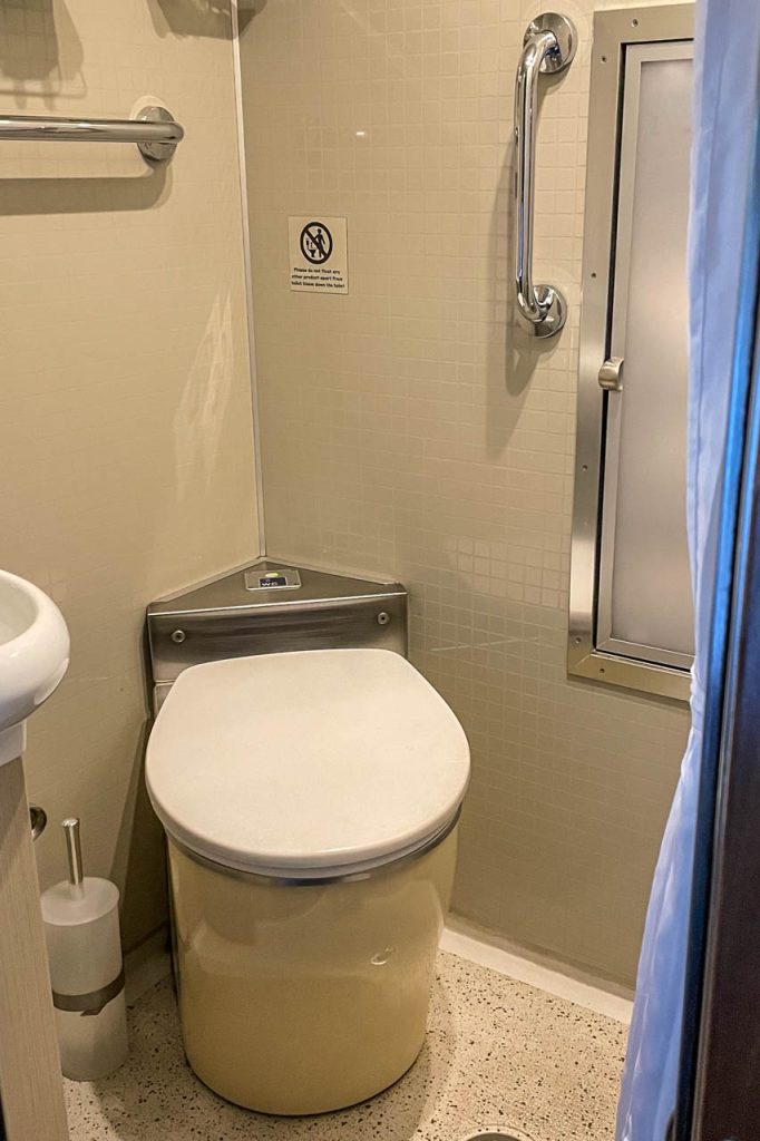 The photo shows a toilet, a partial view of a hand basin and a shower curtain in a very confined space.