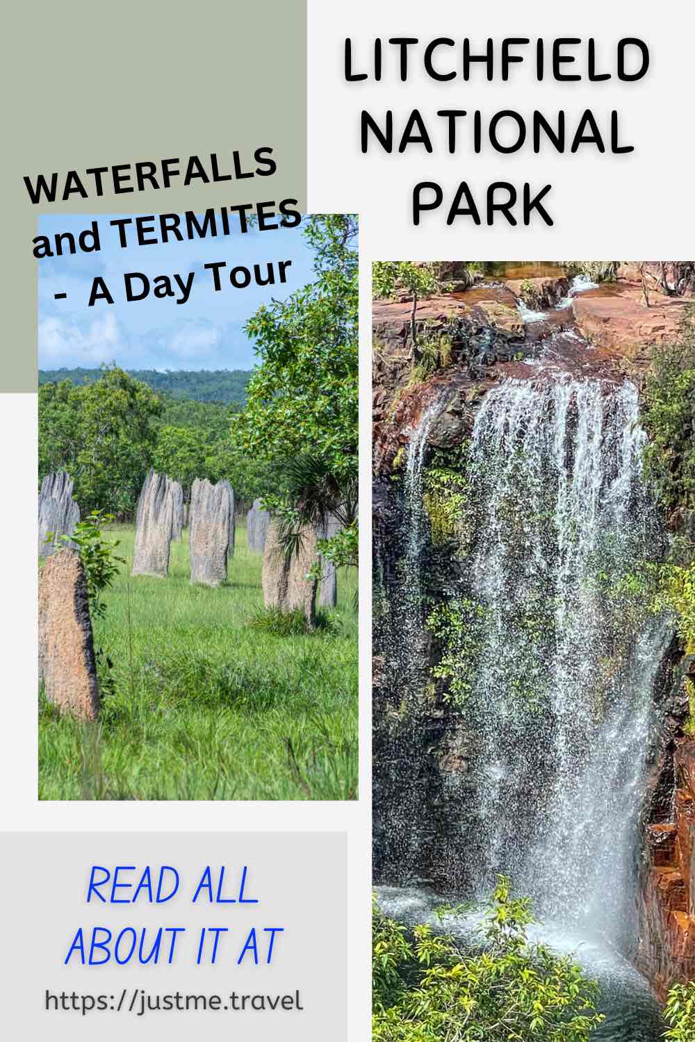 The image shows two photos: a waterfalls dropping into a plunge pool and a flat plain of termite mounds that look like tombstones.