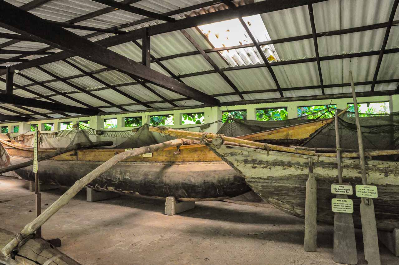 Traditional Sri Lankan wooden fishing boats in a museum