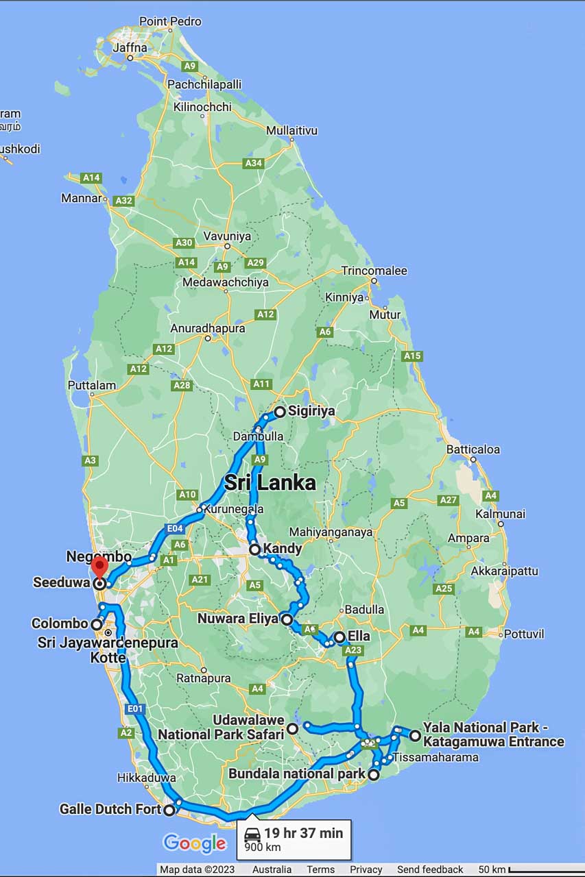 A map showing a road route taken around Sri Lanka on a 20-day itinerary