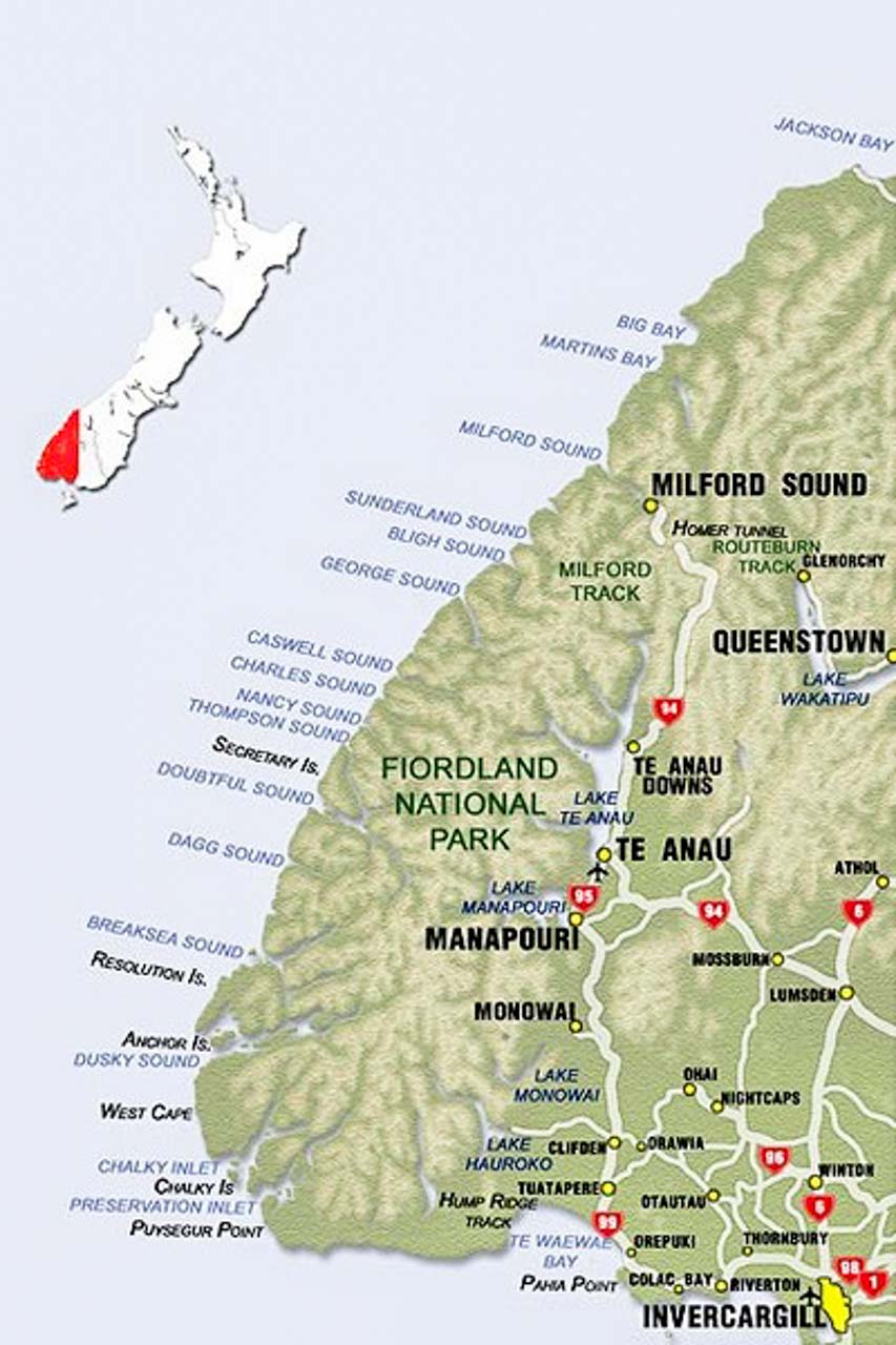 A partial map of New Zealand's South Island showing the fiords in Fiordland National Park