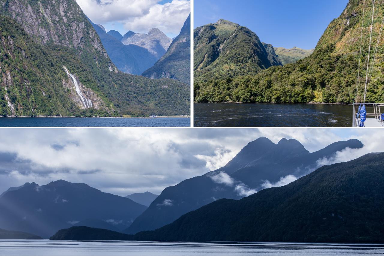 A collage of three photos of mountains surrounding bodies of water in New Zealand's Fiordland National Park.