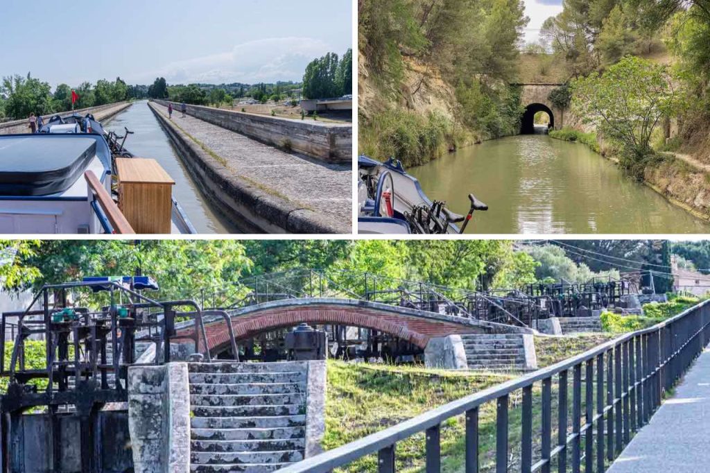 The image shows three photos of engineering marvels on the Canal du Midi - a boat crossing the Orb Aqueduct, a boat approaching a canal tunnel, and a seven-rise lock staircase.