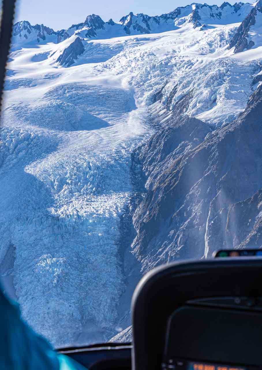 The ice river of the Franz Josef Glacier is view from a helicopter.