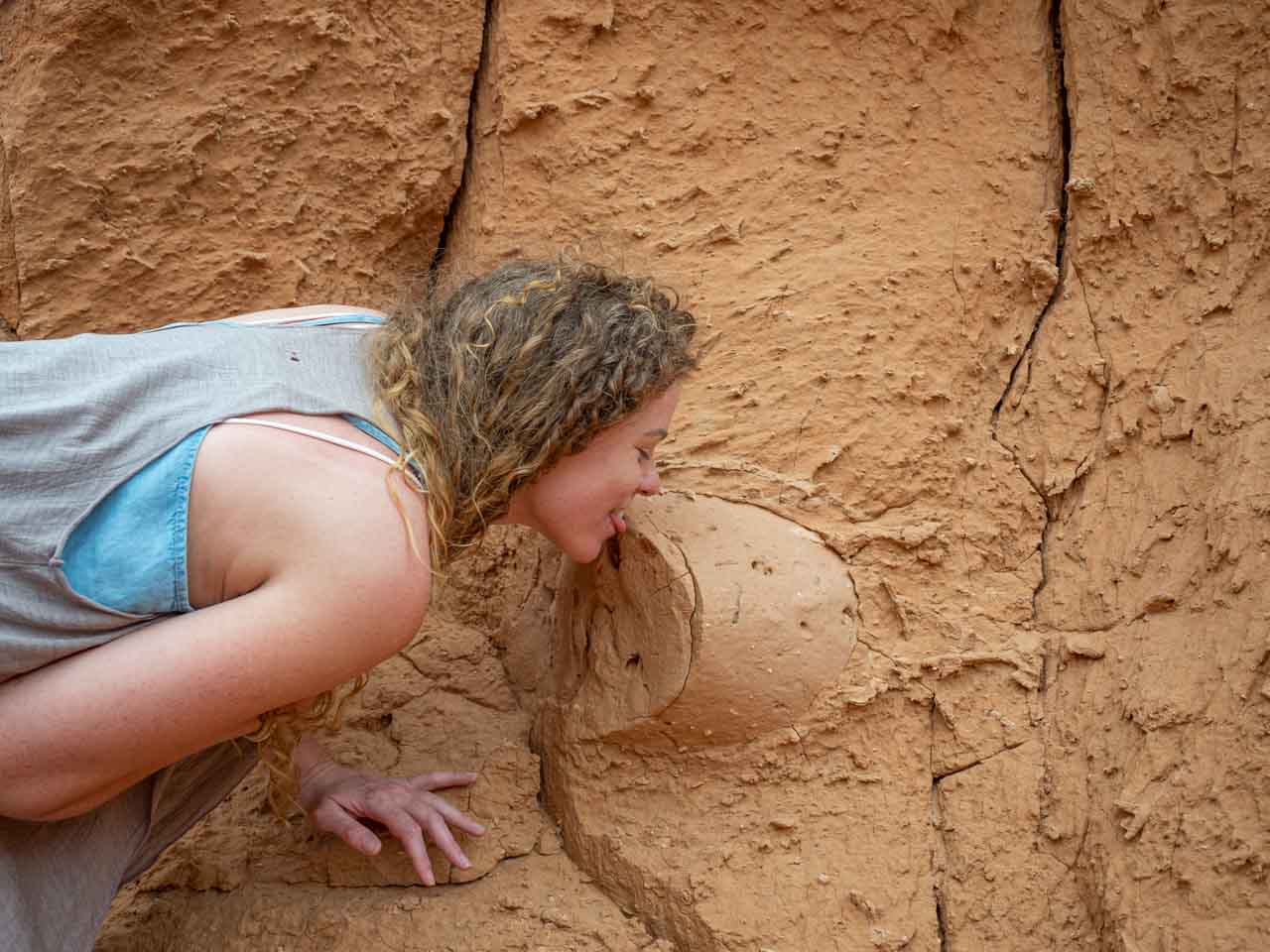 A woman licks a dinosaur bone sticking out of a cliff face.
