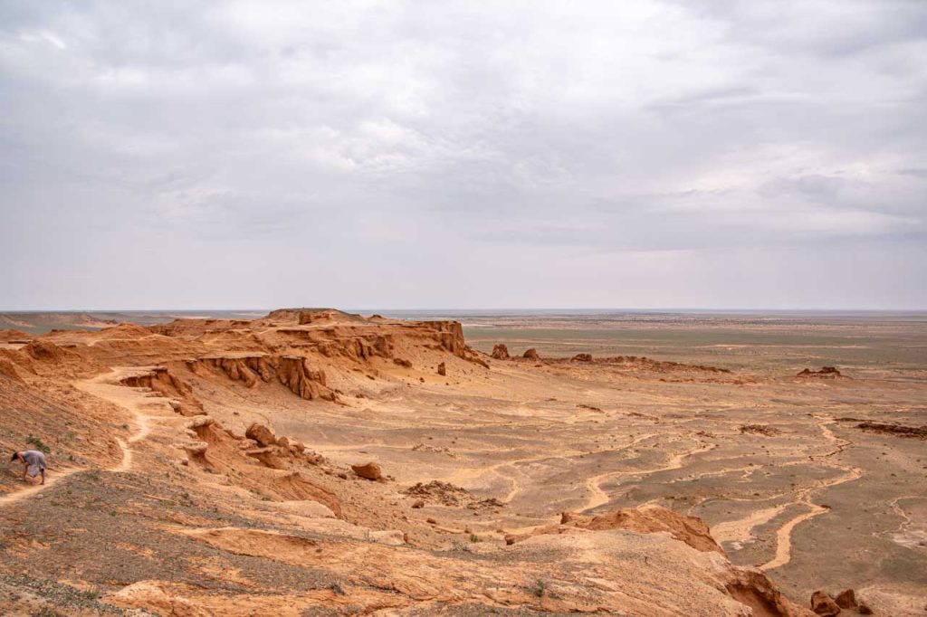 A person is fossicking for dinosaur fossils along an escarpment of the Flaming Cliffs in Mongolia's Gobi Desert.