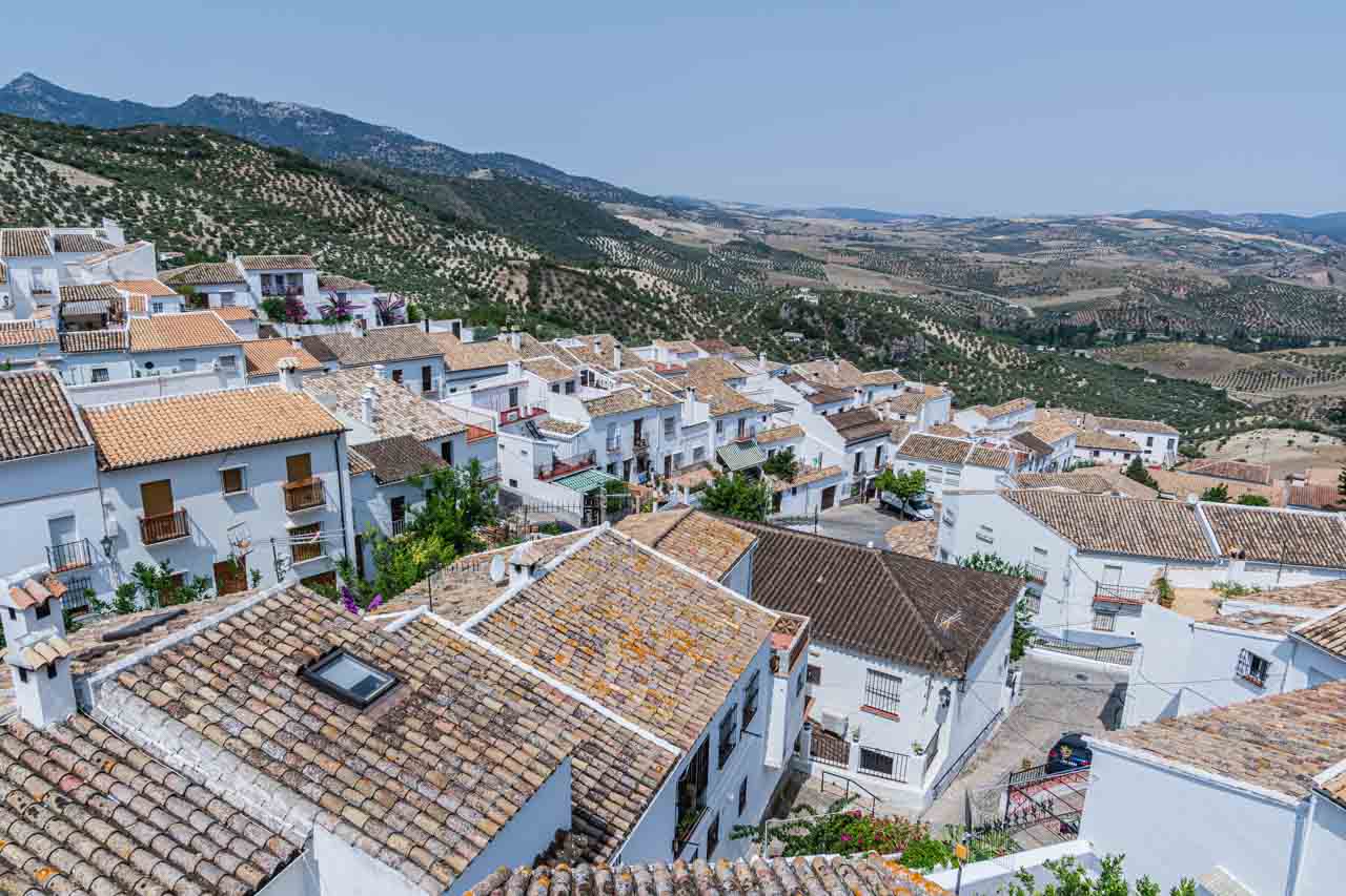 Houses on the slope of a hill are all pointed white with terracotta tiled roofs.