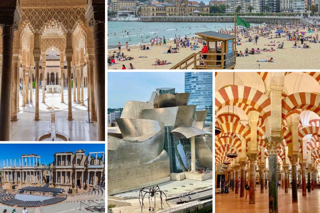 A collage of photos showing Islamic architecture, a beach, an ancient Roman theatre, and a modern glass and silver tiled building.