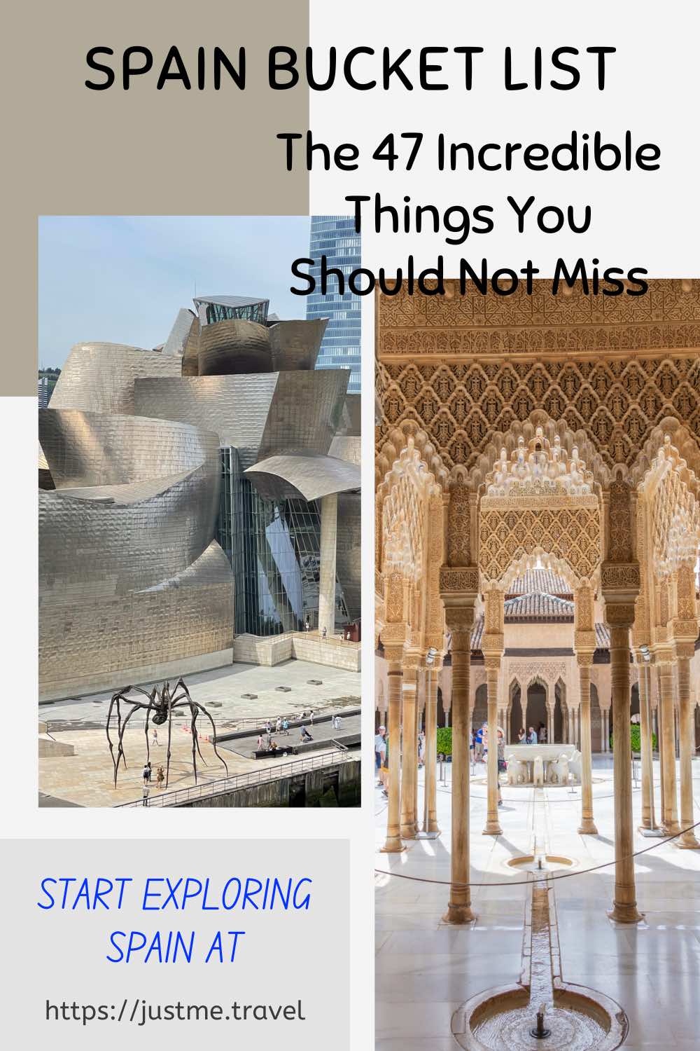 The image has two photos. One shows a very modern building covered in silver tiles with a spider sculpture in front of the building. The second photo shows a marble courtyard with a whoite fountain in the middle supported by white lions. The courtyard is surrounded by marble pillars covered in intricate Islamic designs.