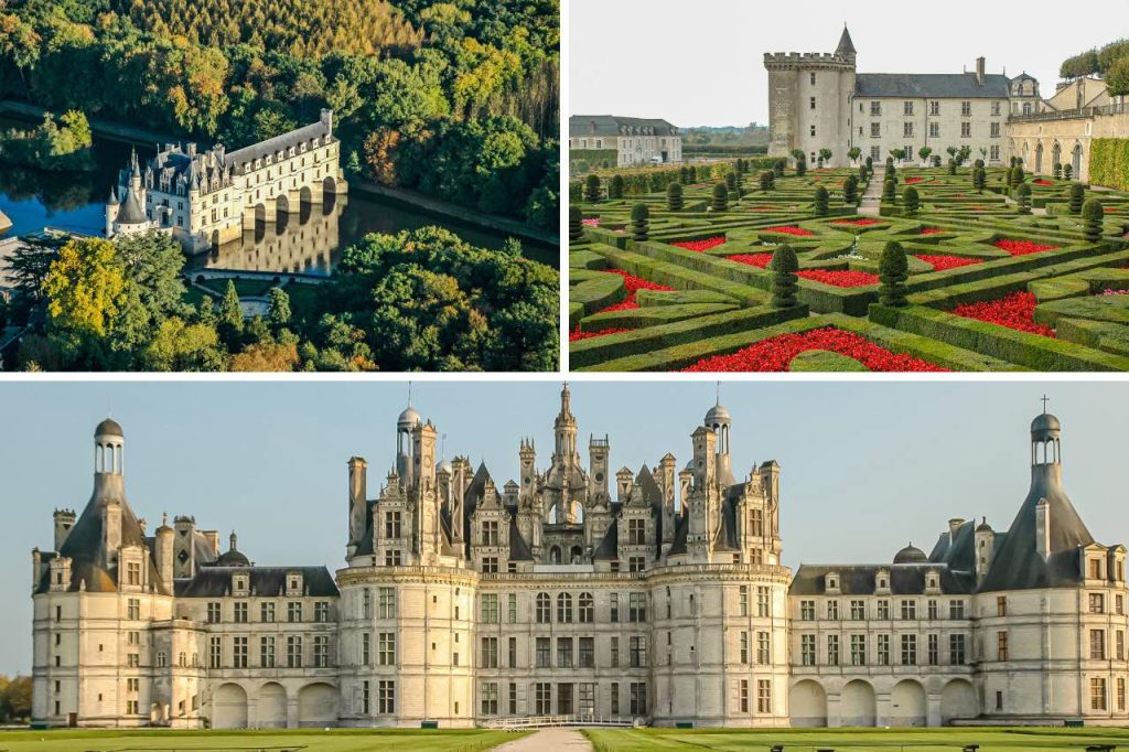 A collage of three French castels in the Loire Valley - Chateaux Chenonceau, Villandry, and Chambord.